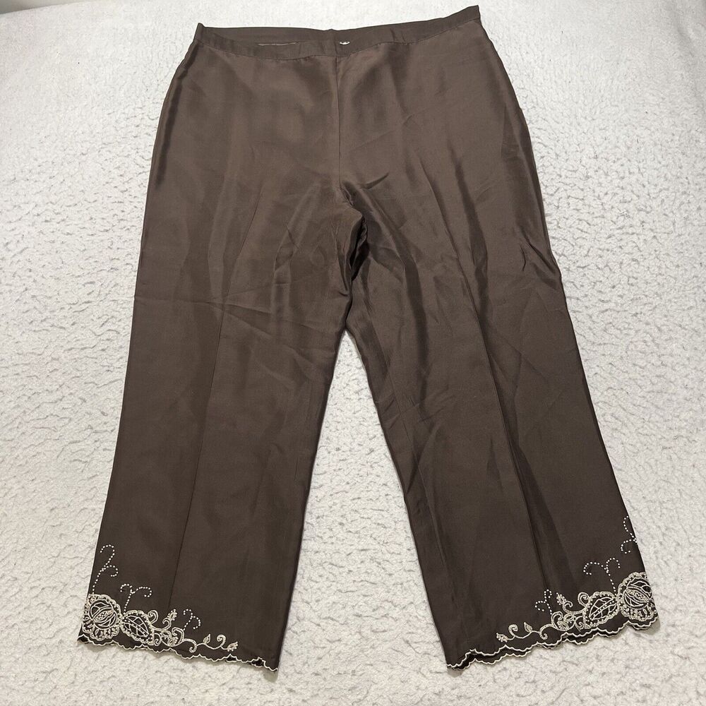 Vintage ICE Women's 14 100% Silk Capri Length Brown Pants Lace Trim Trousers